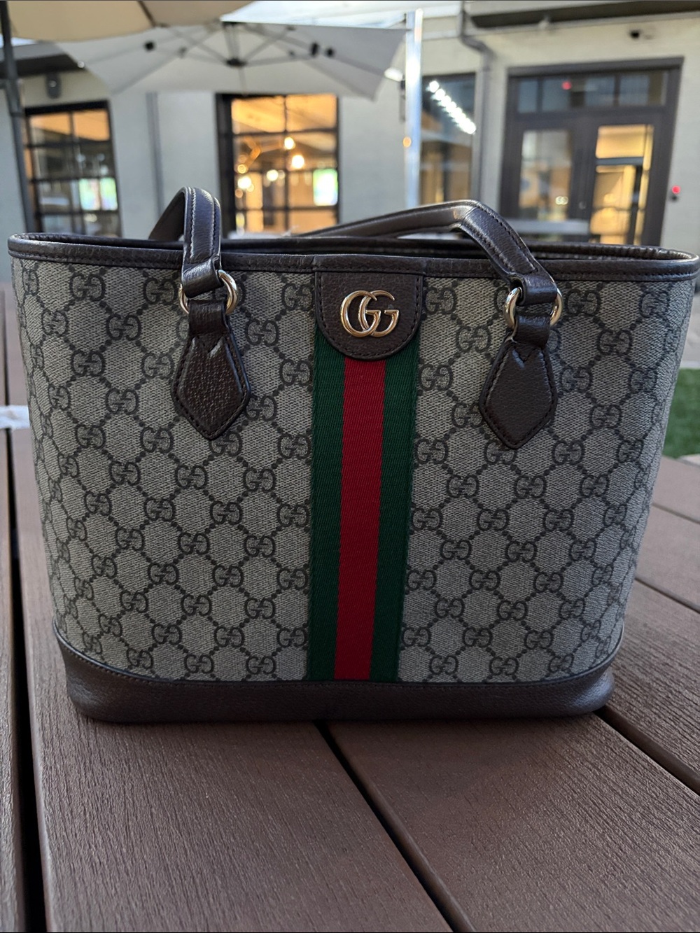 Gucci Beige GG Canvas Tote with Green and Red Web Stripe